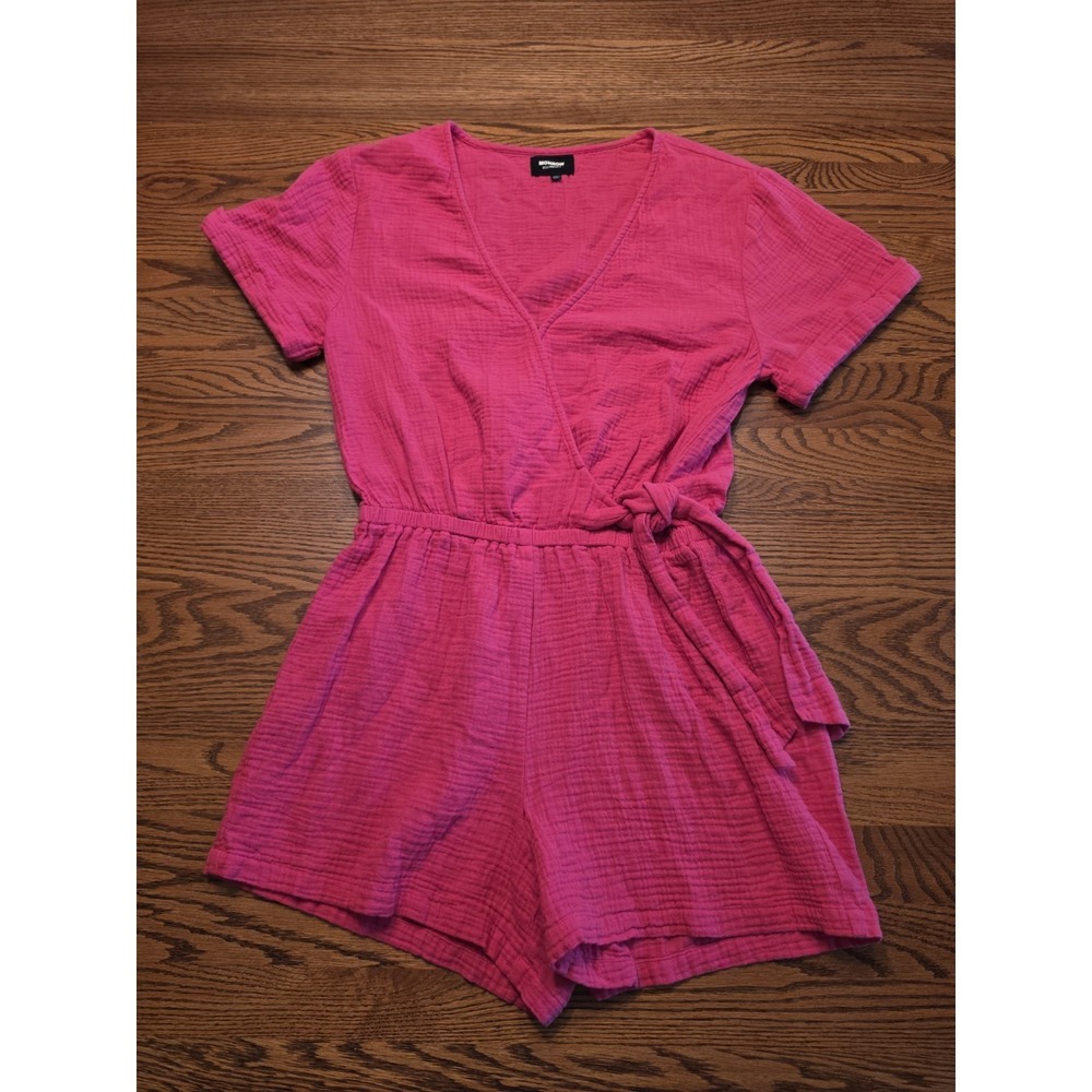 MONROW Romper Womens XS Gauzy Cotton Faux Wrap V-Neck Short Sleeve Pink